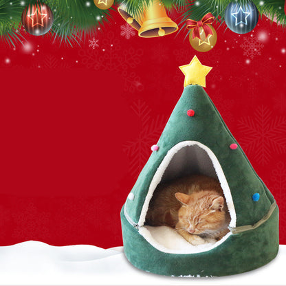 Cama navideña para gatos: árbol y gorro de Papá Noel