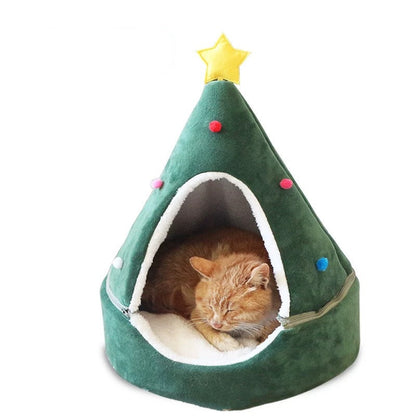 Cama navideña para gatos: árbol y gorro de Papá Noel